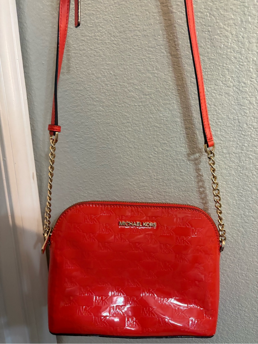 Michael Kors Red Patent Embossed Crossbody Bag with Gold Chain